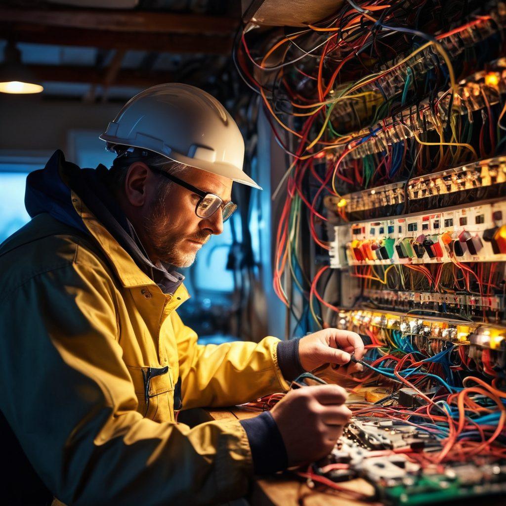 An experienced electrician, wearing protective gear, is shown working with a complex electrical panel full of colorful wires. Surrounding the scene are tools like multimeters, wire strippers, and circuit testers to emphasize the hands-on nature of electrical work. Include a glowing light bulb above his head to symbolize expert advice and innovative solutions. super-realistic. vibrant colors. high detail.