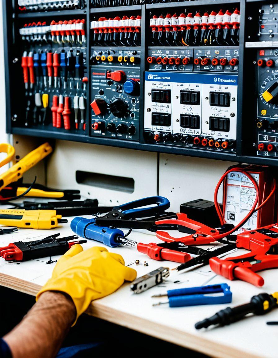 A modern toolkit with various electrical tools like multimeters, screwdrivers, and wire cutters neatly arranged on a workbench surrounded by electrical panels, circuit breakers, and safety gloves. A mechanic working carefully on a wiring connection, with blueprints and a completed electrical system in the background. super-realistic. vibrant colors. white background.