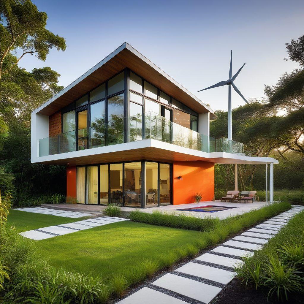 A modern, sustainable home bathed in natural light, showcasing solar panels on the roof, a wind turbine in the background, and smart energy-efficient appliances inside. Lush greenery surrounds the house, symbolizing environmental harmony. 3D. vibrant colors. clean and modern.